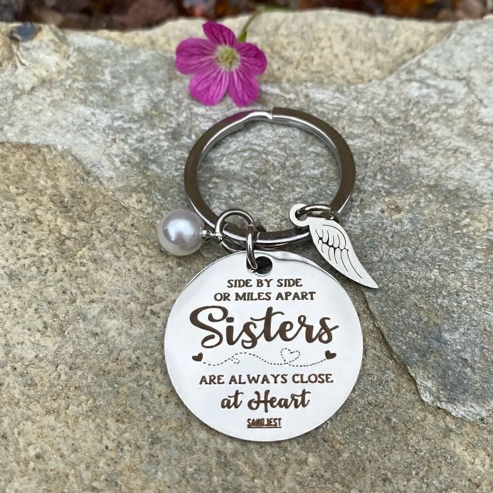 Sandjest "Sisters are Close at Heart" Silver Keychain w/Wings & Faux Pearl. NWOT